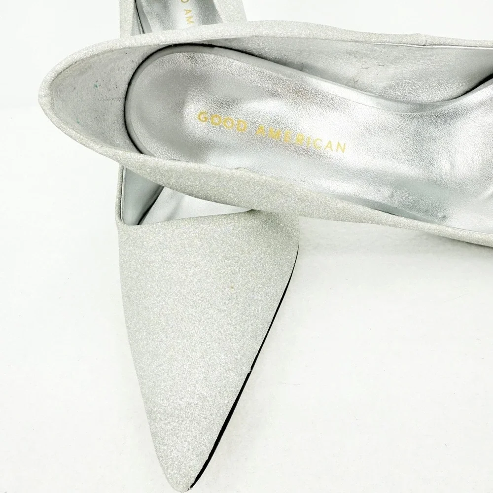 GOOD AMERICAN Emma Glitter Heel Silver Sparkly Pointed Toe Stiletto Size 10 NWOB